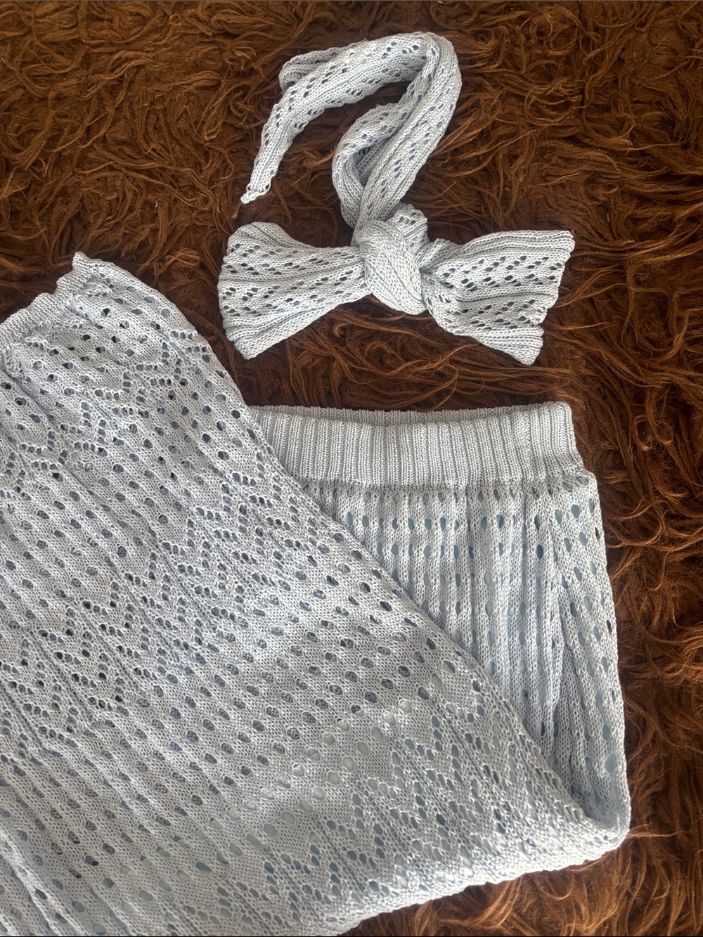 Light Blue Knit Two-Piece Set. Wrap-tie top and skirt. XS.